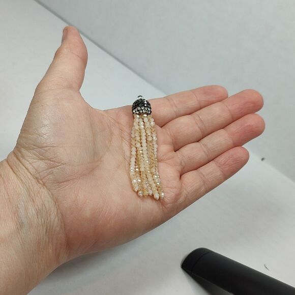 Champagne Beaded Tassel Pendant Faceted Strand Black Silver Rhinestone Cap 2.25" - Picture 8 of 8